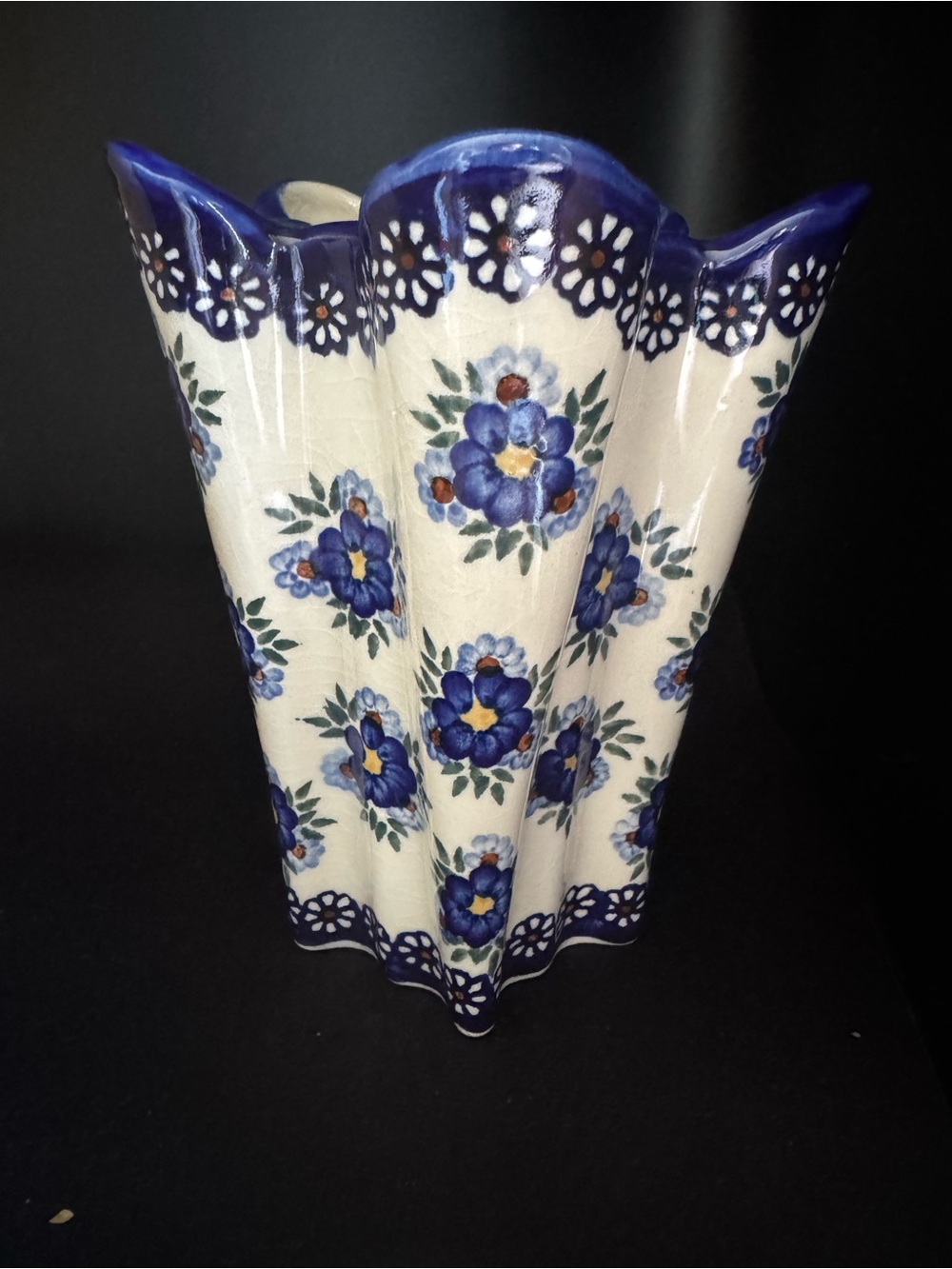 UNIKAT Polish Pottery Lily Vase Handmade Featuring Hand-Painted Blue Florals